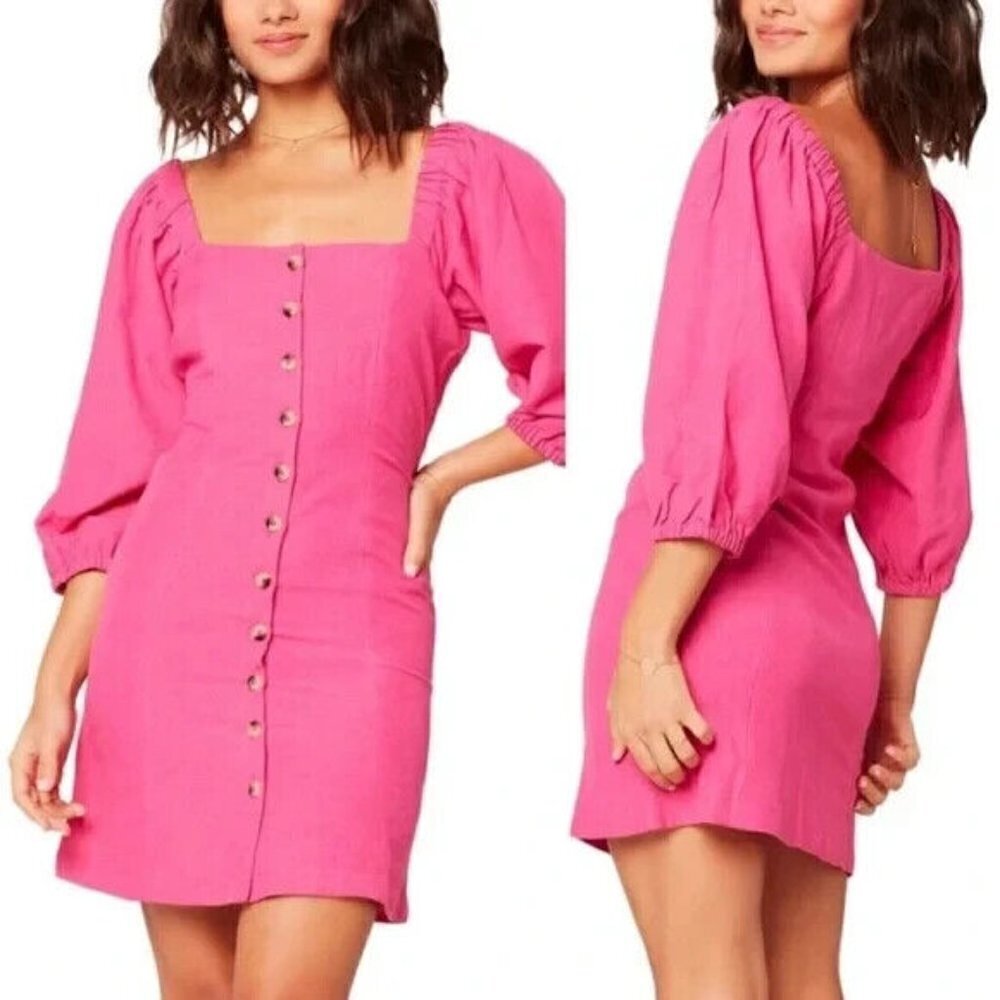L Space Marina Button Front Dress Size Medium Pink Linen Blend Square Neck